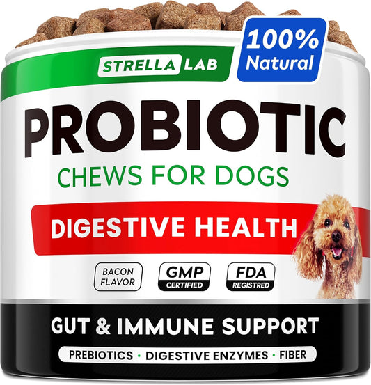 StrellaLab Dog Probiotics Treats for Picky Eaters - Digestive Enzymes + Prebiotics - Chewable Fiber Supplement - Allergy, Diarrhea, Gas, Constipation, Upset Stomach Relief - Improve Digestion&Immunity