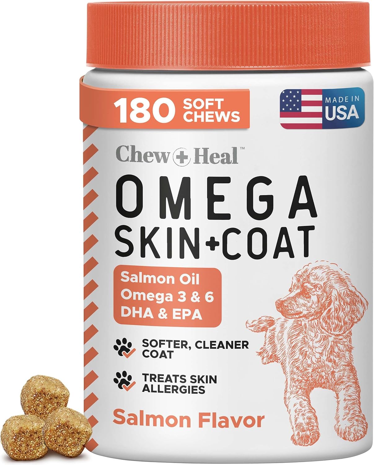 Salmon Oil for Dogs - Soft Chew Omega Treats for Skin and Coat - Fish Oil Blend of Essential Fatty Acids, Omega 3 and 6, Vitamins, Antioxidants and Minerals - Made in USA (180 Chews, Salmon)