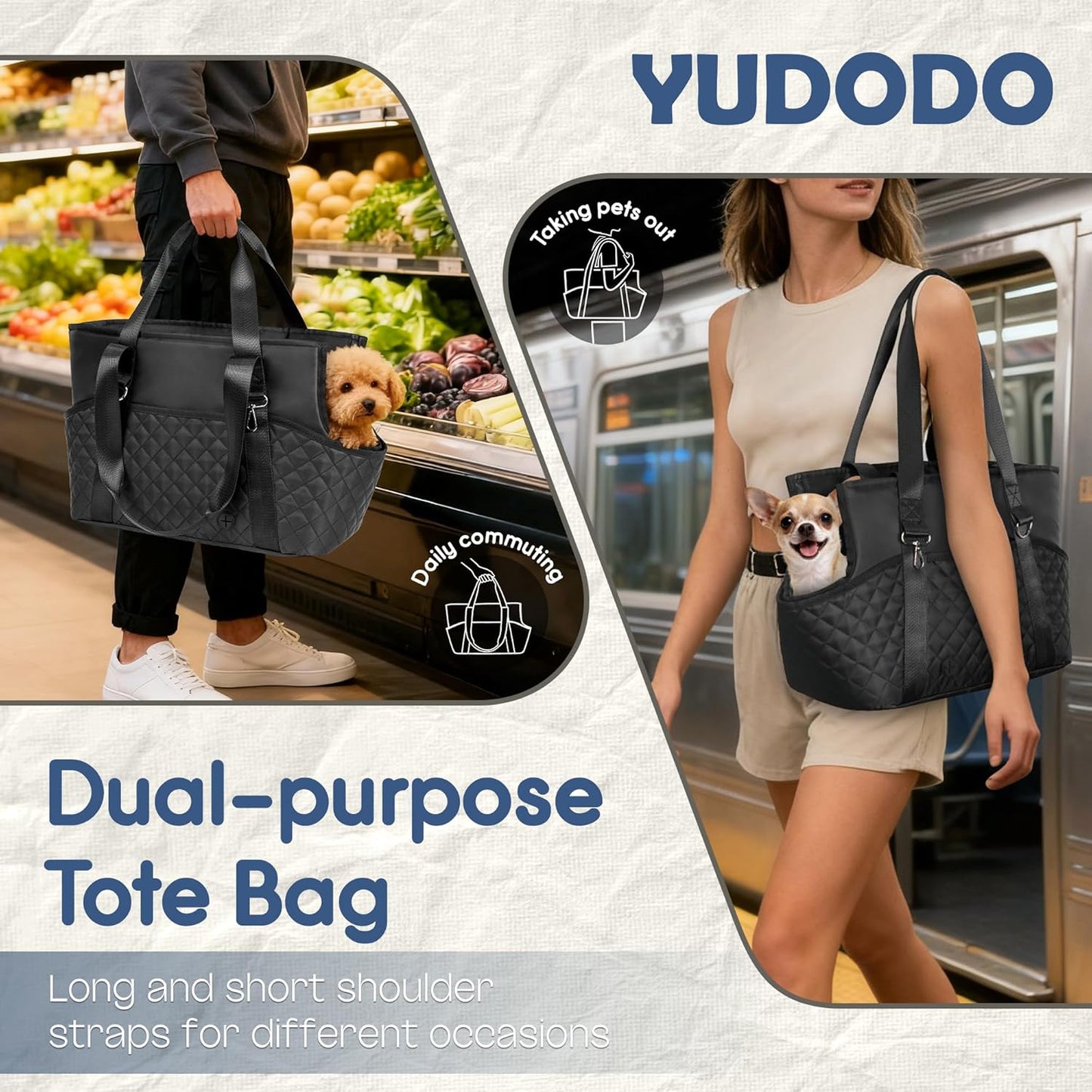 YUDODO Dog Purse Carrier for Small Dogs, Soft-Sided Pet Carrier with Large Pockets & Safety Harness Clip, Collapsible Dog Tote Bag, Travel Carriers up to 10 lbs, Black