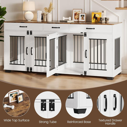 71'' Dog Crate Furniture, Wooden Indoor Dog Kennel for 2 Dogs with 3 Drawers and Removable Room Divider, XXL Double Dog Crate TV Stand End Table with Double Doors for Large Medium Dogs