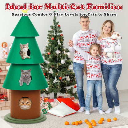 Leinuosen 60 Inch Felt Cat Christmas Tower for Indoor with 3 Condos 5 ft Xmas Tall Cat Tree Tower Furniture with Star Topper for Kitty Kitten DIY Christmas Decoration Activity Center Play House
