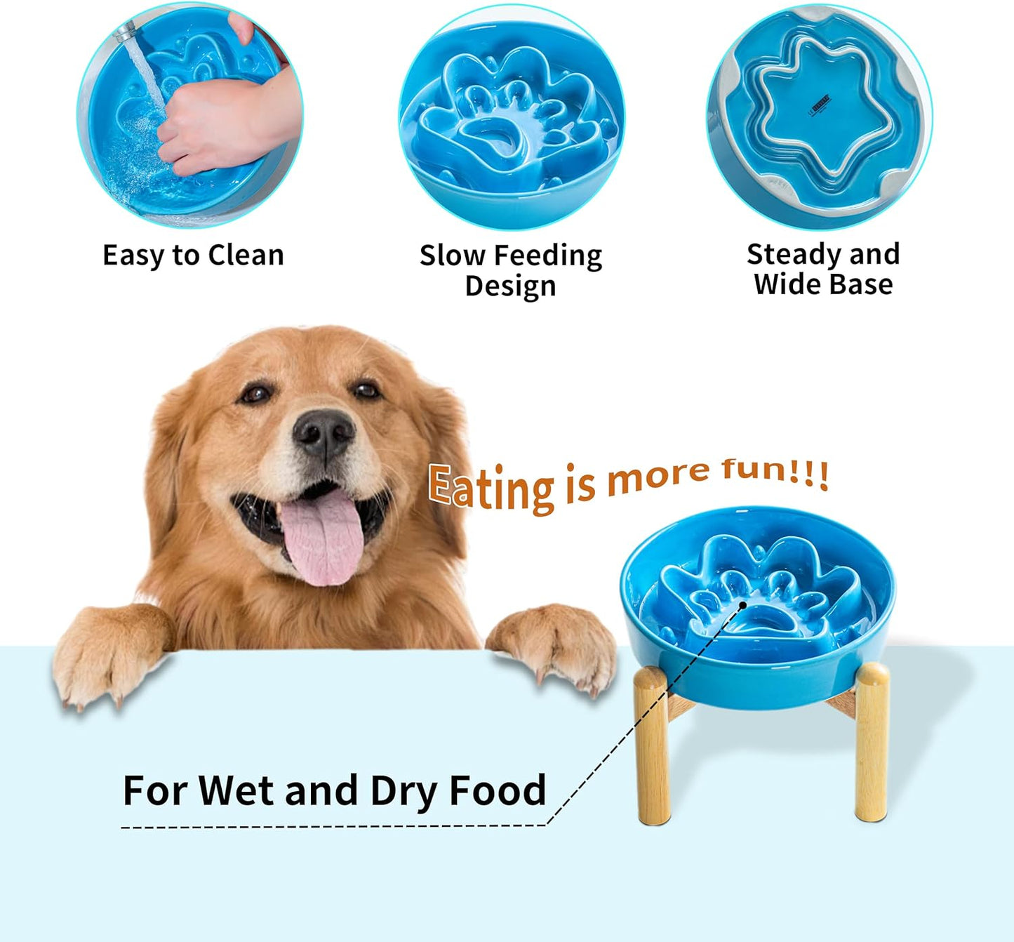 Ceramic Slow Feeder Dog Bowls, Raised, 3 Cups Elevated Slow Feeder with Wooden Stand for Medium Large Breed, Puzzle Dog Food Bowl (Blue)