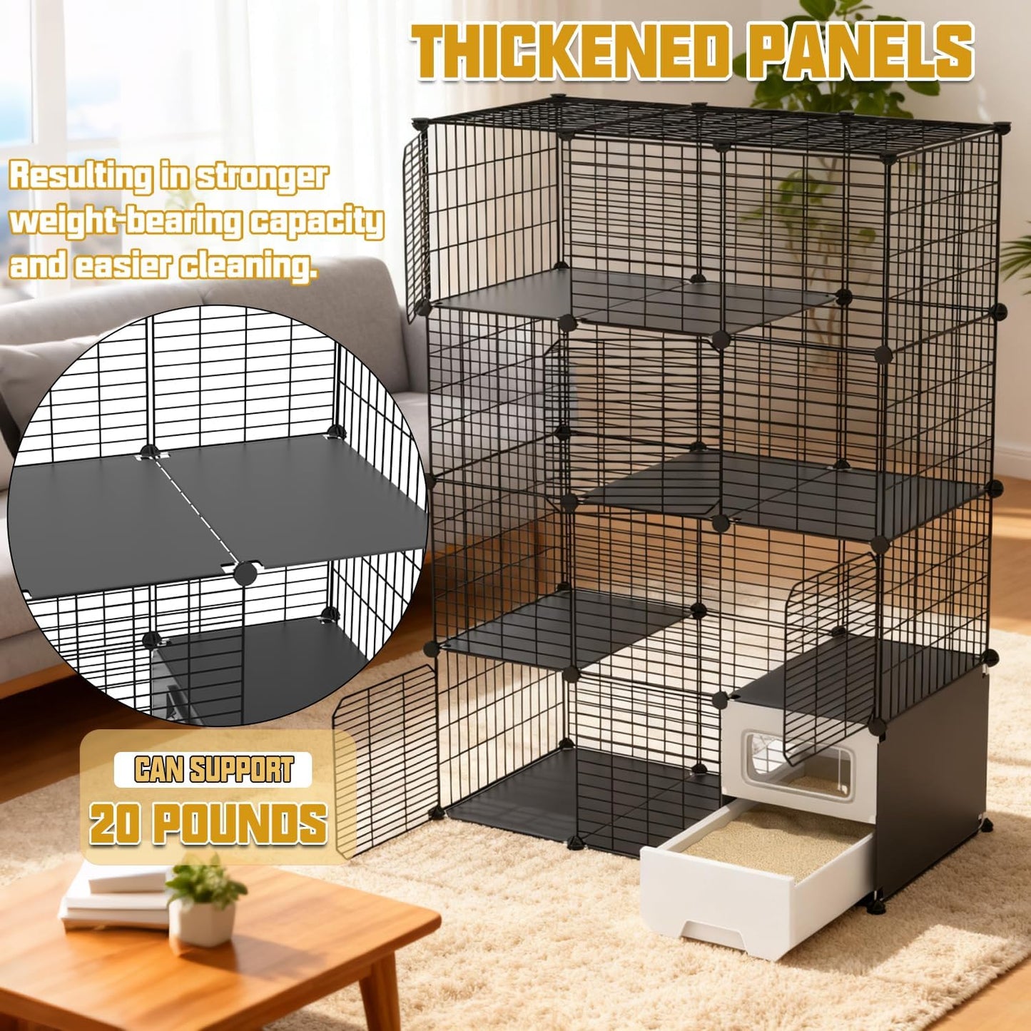 Cat Cage Indoor with Litter Box 4-Tier DIY Cat Crate, Cat Playpen Indoor & Outdoor Detachable Metal Wire Large Exercise Place Ideal