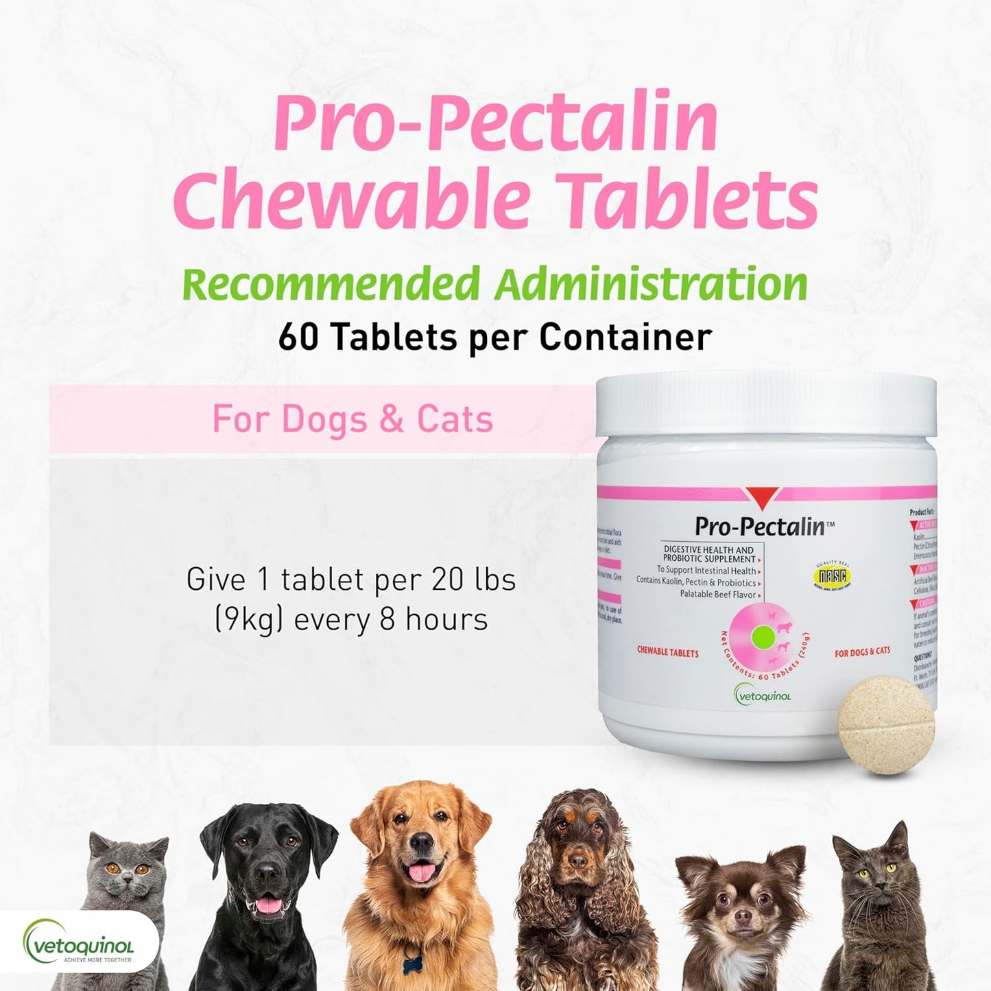 Vetoquinol Pro-Pectalin Chewable Tablets for Dogs & Cats, Helps Relieve Occasional Diarrhea, Situational Diarrhea Relief with Kaolin and Pectin, Contains Beneficial Probiotic Bacteria, 60ct