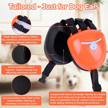 New Dog Ear Muffs for Noise Protection - 30dB NRR Dog Headphones, Noise Cancelling Hearing Protection Against Thunder/Fireworks/Vacuums, Upgraded Design with Bell Accent (Orange, Small)
