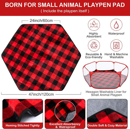 VitalCozy Hamster Playpen with Mat Small Animal Cage Tent Breathable Transparent Guinea Pig Playpen Waterproof Portable Yard Fence Mat Foldable Exercise Cage Outdoor Indoor (Red,Christmas Plaid)