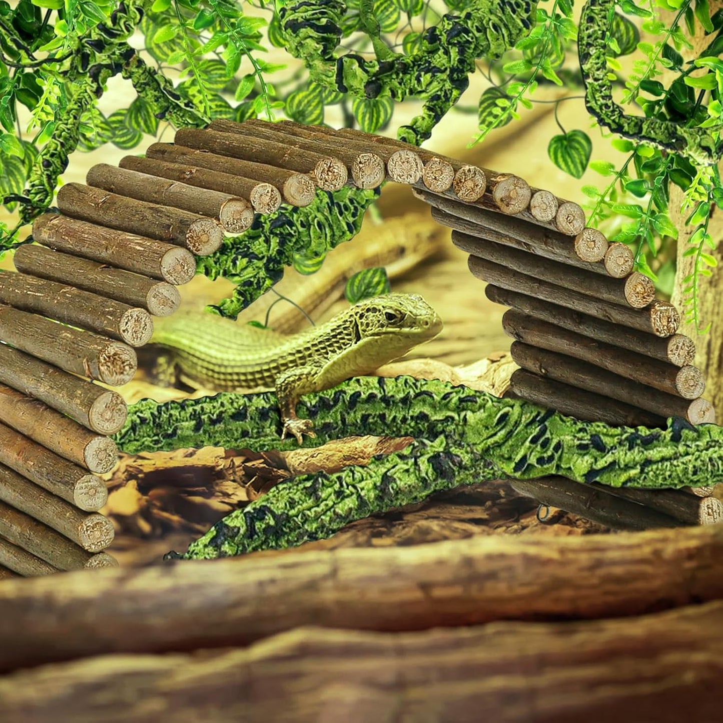 Bearded Dragon Tank Accessories, Terrarium Hanging Plant Vines Artificial Leaves Reptile Hide, Bridge Jungle Climber Reptile Vines for Snakes Bearded Dragon Chameleon Gecko Lizard