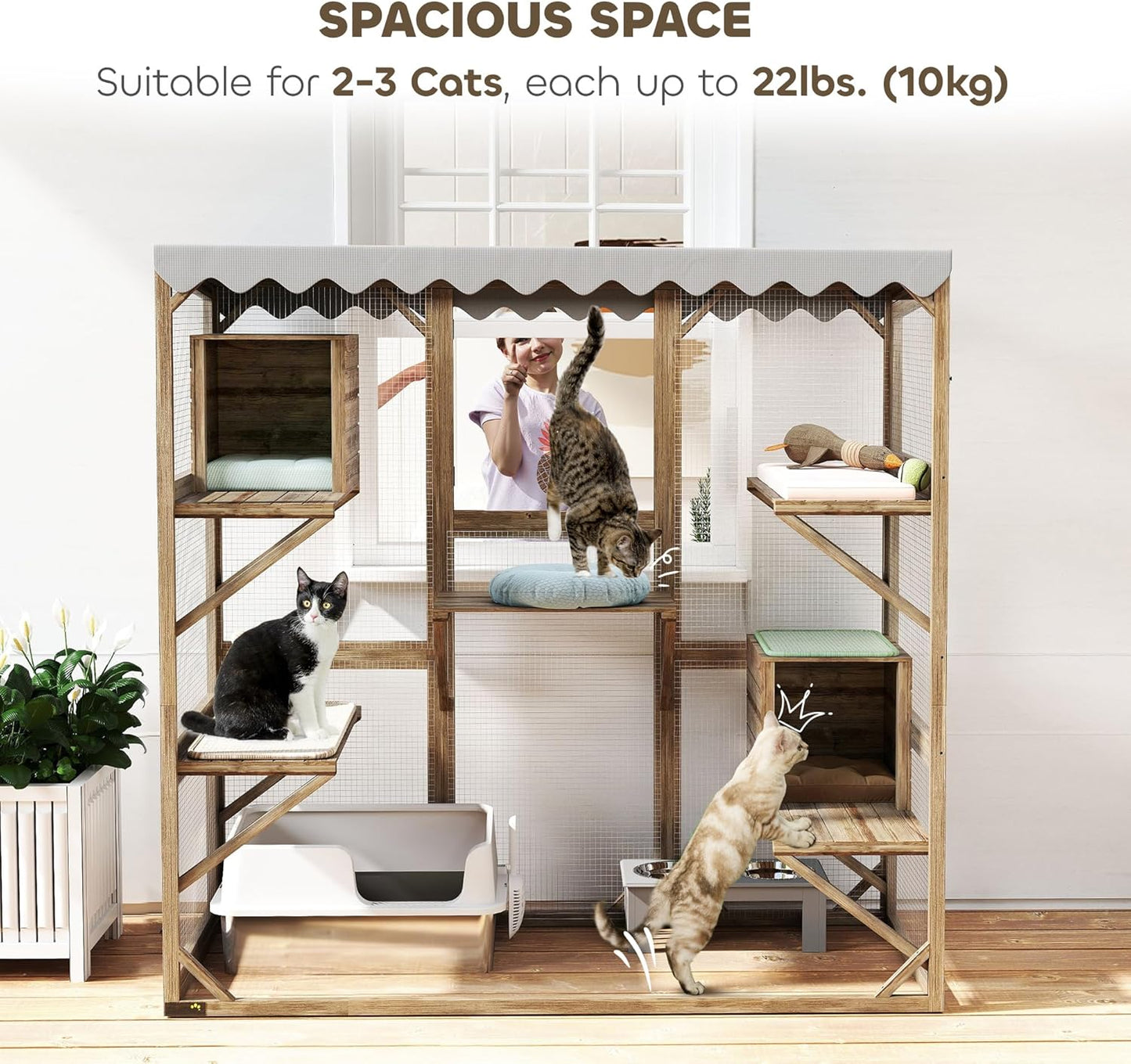 PawHut Catio Outdoor Cat Enclosure, Wooden Cat House with Window Access, 5 Platforms and 2 Resting Box, Waterproof Roof, Kitty Cage for Multiple Kittens, 59" H, Brown