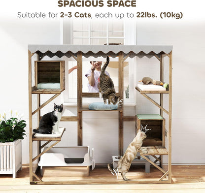 PawHut Catio Outdoor Cat Enclosure, Wooden Cat House with Window Access, 5 Platforms and 2 Resting Box, Waterproof Roof, Kitty Cage for Multiple Kittens, 59" H, Brown