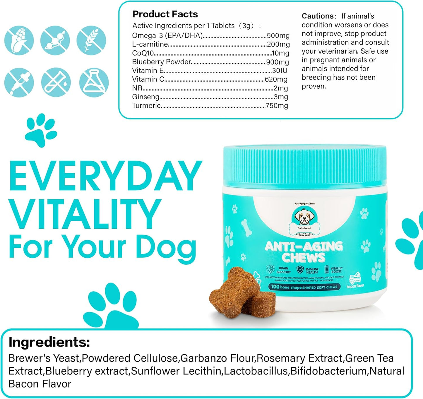 Anti-Aging Dog Supplement – Soft Chews for Senior Dogs with NAD+ Support from Nicotinamide Riboside, Omega-3, Amino Acids, Probiotics – Brain, Joint & Immune Health – Bacon Flavor – 100 Count