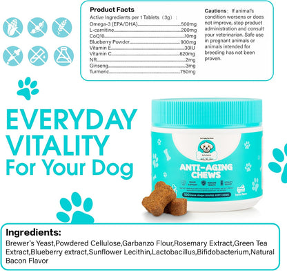 Anti-Aging Dog Supplement – Soft Chews for Senior Dogs with NAD+ Support from Nicotinamide Riboside, Omega-3, Amino Acids, Probiotics – Brain, Joint & Immune Health – Bacon Flavor – 100 Count