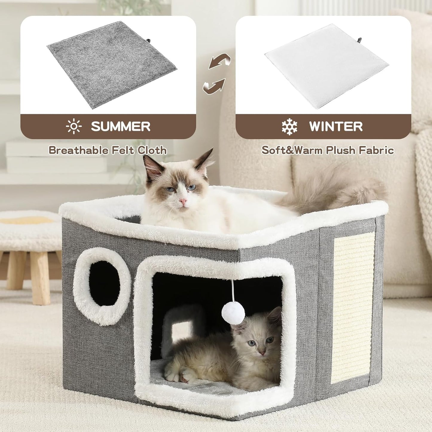Cat Houses for Indoor Cats - Large Cat Bed Cave with Scratch Pad and Fluffy Ball, Foldable Cat Hideaway, Kitten Bed with Cozy Condo, 16.5x16.5x13 inches, Grey (Grey, Large)