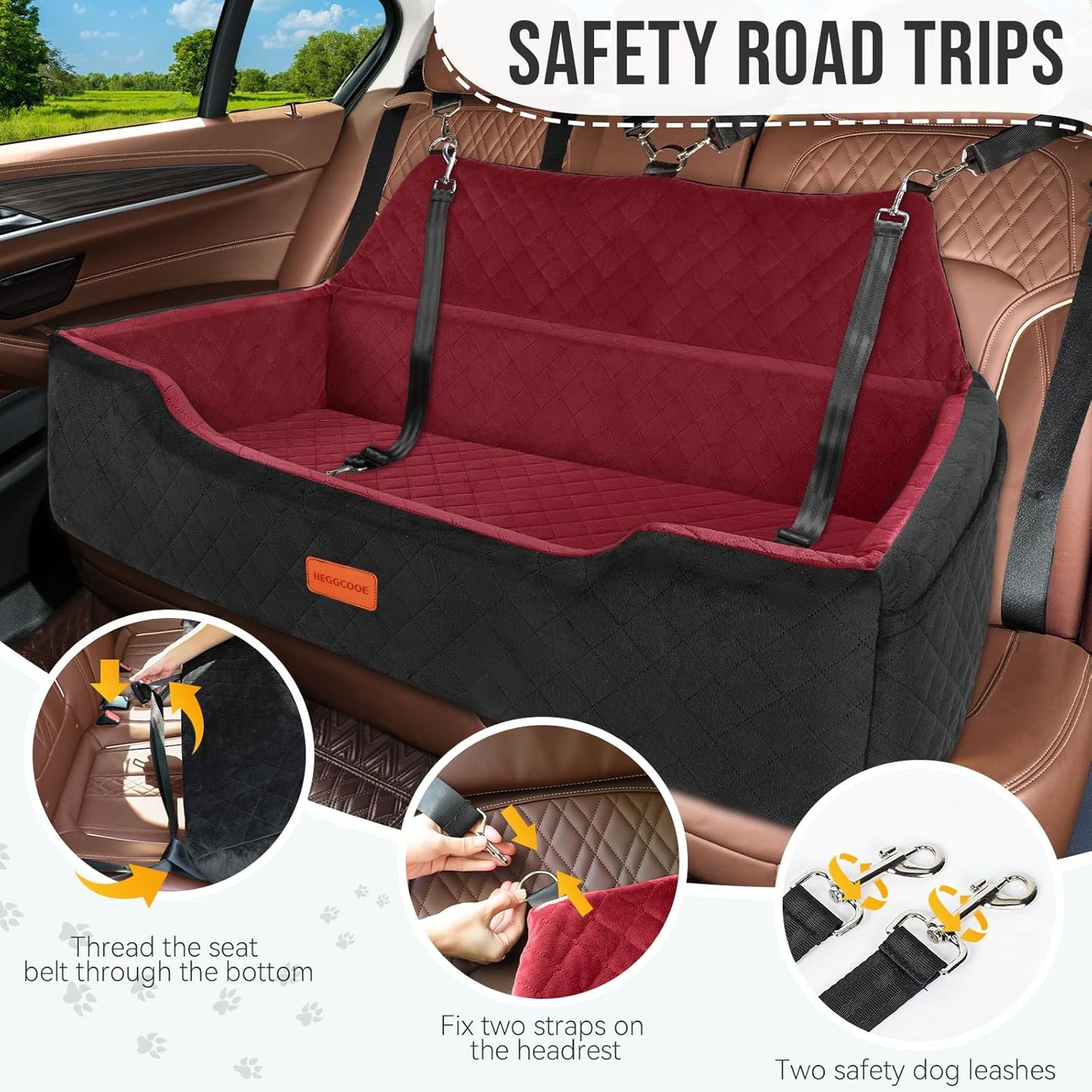 Large Dog Car Seat Under 100 lbs, Washable Dog Car Bed for 2 Medium Dogs, Detachable Pet Booster Seat with Storage Pocket and Seat Belt for Back Seat