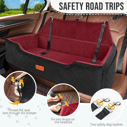 Large Dog Car Seat Under 100 lbs, Washable Dog Car Bed for 2 Medium Dogs, Detachable Pet Booster Seat with Storage Pocket and Seat Belt for Back Seat