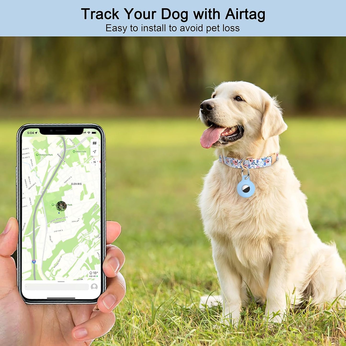 AirTag Dog Collar,Adjustable Dog Collars with AirTag Holder,Cute Puppy Collars with Metal Buckle, Soft Padded Blue Flower Patterns Pet Collar for Small Medium Large Dogs