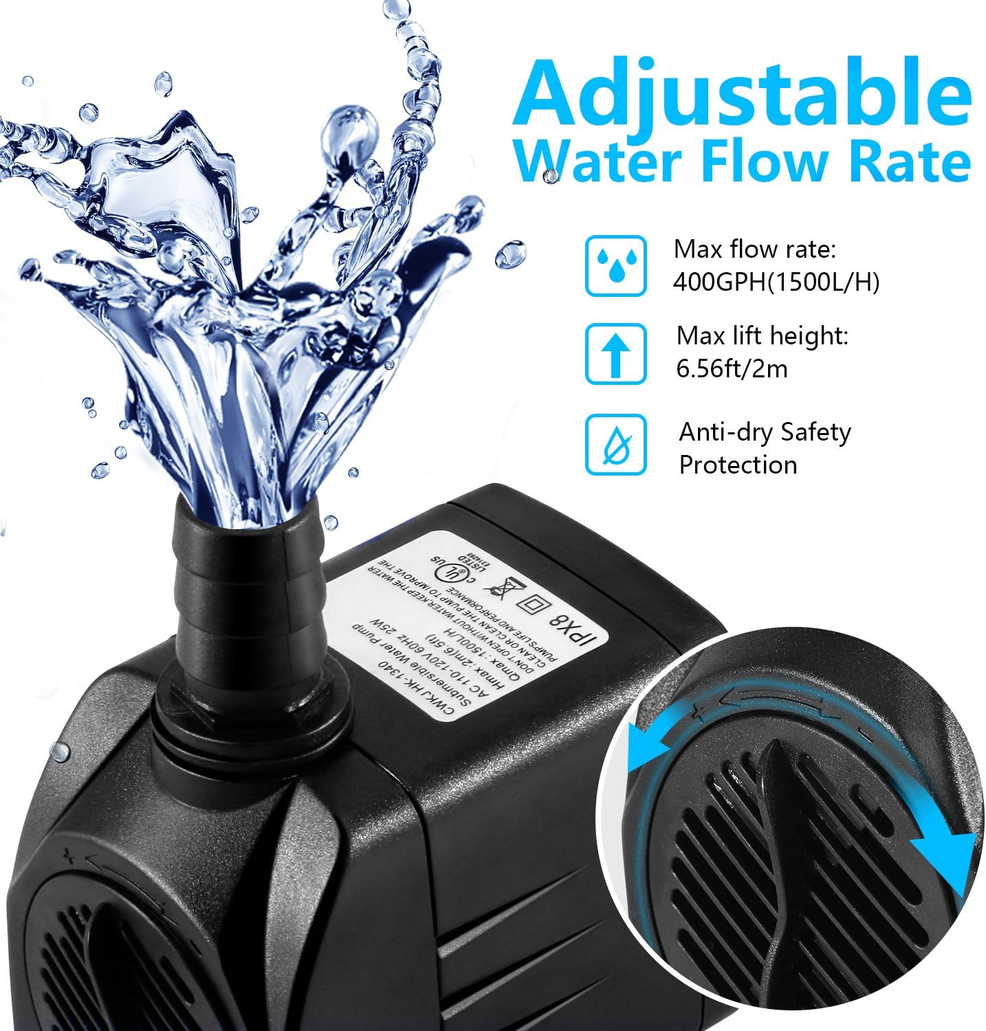 Fountain Pump, 400GPH Submersible , Durable 25W Outdoor Water Pump with 6.5ft Power Cord, 3 Nozzles for Aquarium, Pond, Fish Tank, Water Pump Hydroponics, Backyard Fountain