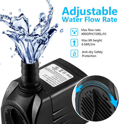Fountain Pump, 400GPH Submersible , Durable 25W Outdoor Water Pump with 6.5ft Power Cord, 3 Nozzles for Aquarium, Pond, Fish Tank, Water Pump Hydroponics, Backyard Fountain