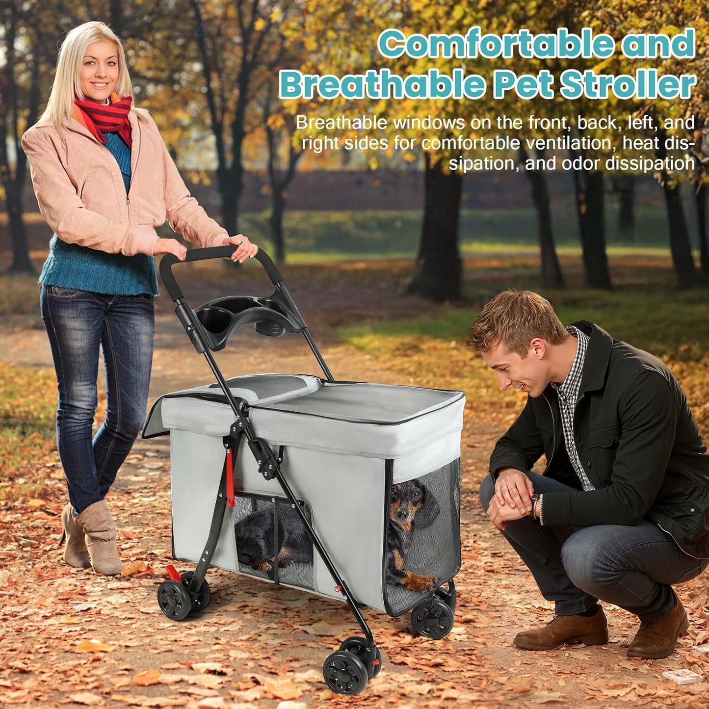 Dog Stroller with 360-Degree Wheels, Foldable Pet Cart for Small/Medium Dogs, 5 Ventilation Windows, Removable Tray, Outdoor Travel Pet Carrier