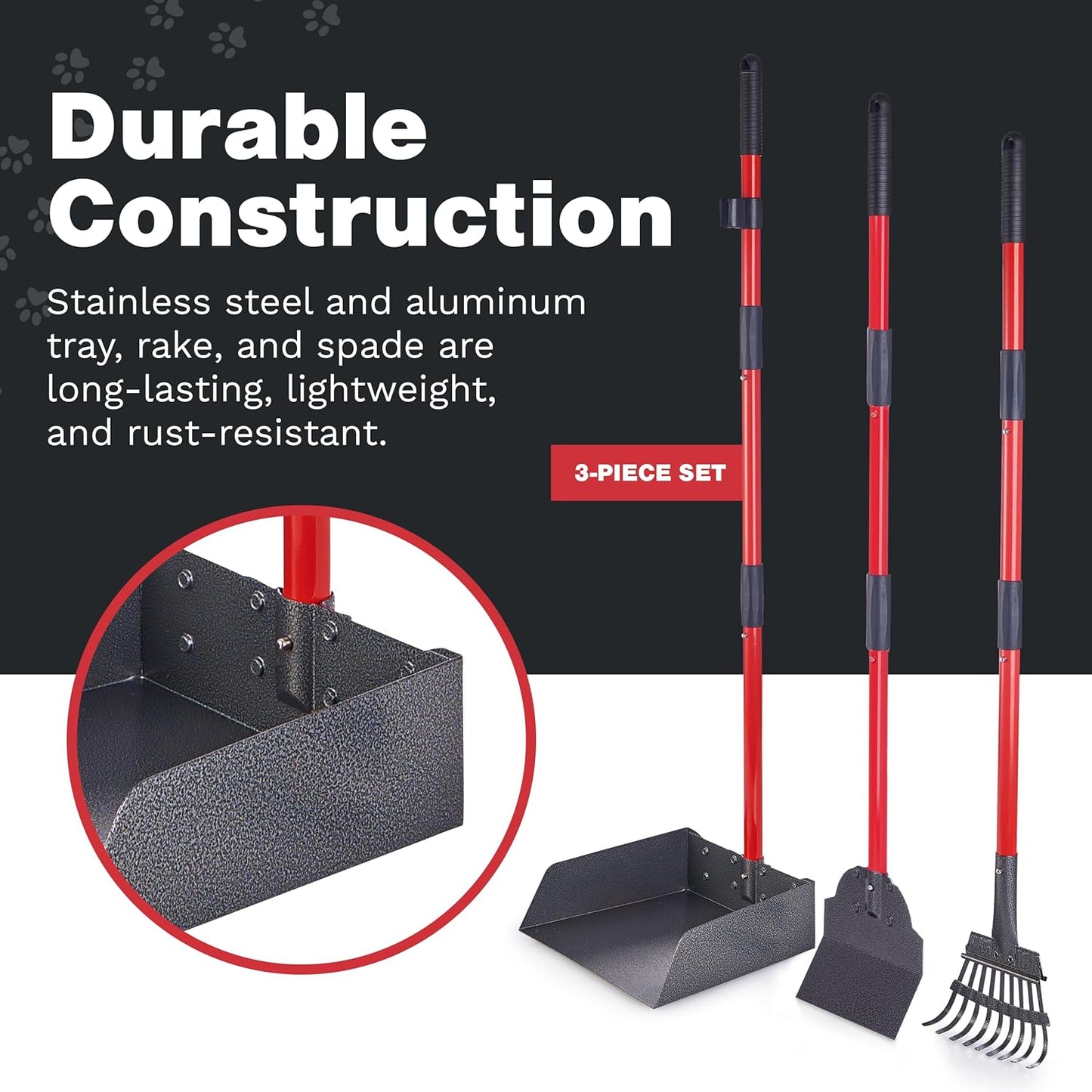 Pooper Scooper for Large Dogs, Small Dogs and Horses, Metal Poop Scooper Set with Long Handle Rake, Spade and Tray for Yard, Grass, Dirt or Gravel, Heavy Duty Aluminum Poop Picker Upper