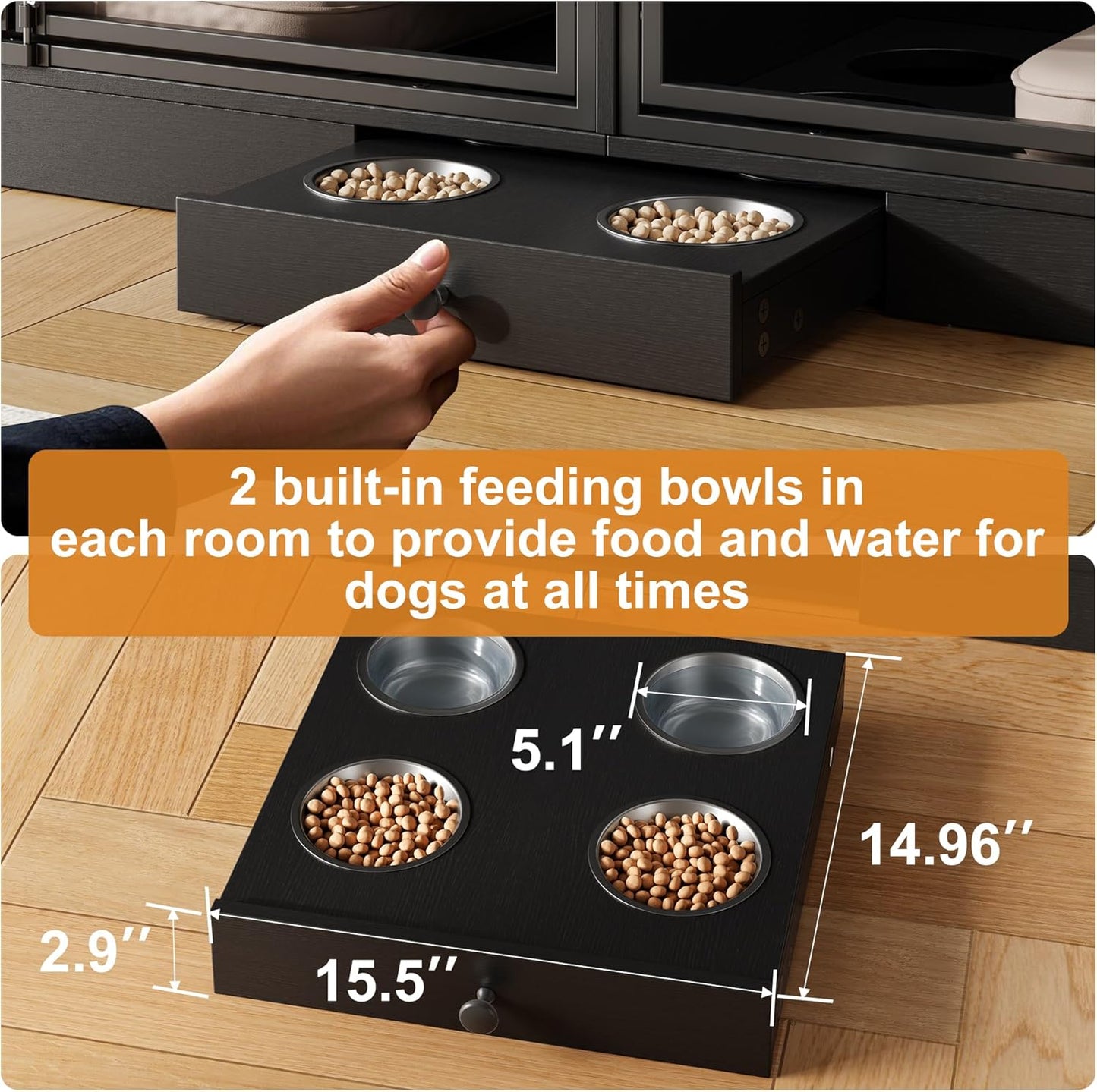 GarveeHome Dog Crate Furniture for 2 Dogs, Dog Kennel Indoor with 4 Storage Drawers and Feeding Bowls, Double Dog Crate TV Stand for Small Medium Dogs, Black