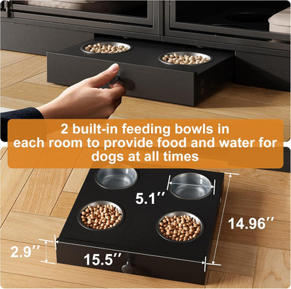 GarveeHome Dog Crate Furniture for 2 Dogs, Dog Kennel Indoor with 4 Storage Drawers and Feeding Bowls, Double Dog Crate TV Stand for Small Medium Dogs, Black