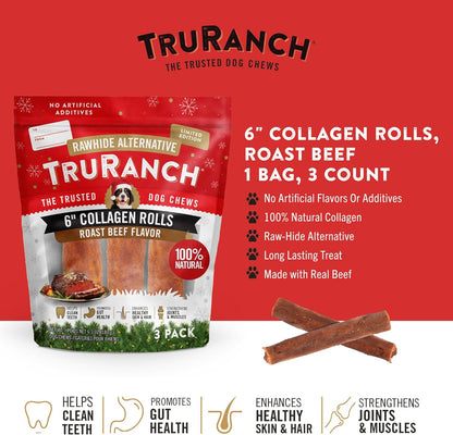 TRURANCH 6" Collagen Rolls, Roast Beef, 1 Bag, 3 Count, Holiday Limited Edition, Stocking Stuffer All-Natural Hydrolyzed Collagen, Rawhide Free, for Small, Medium and Large Dogs