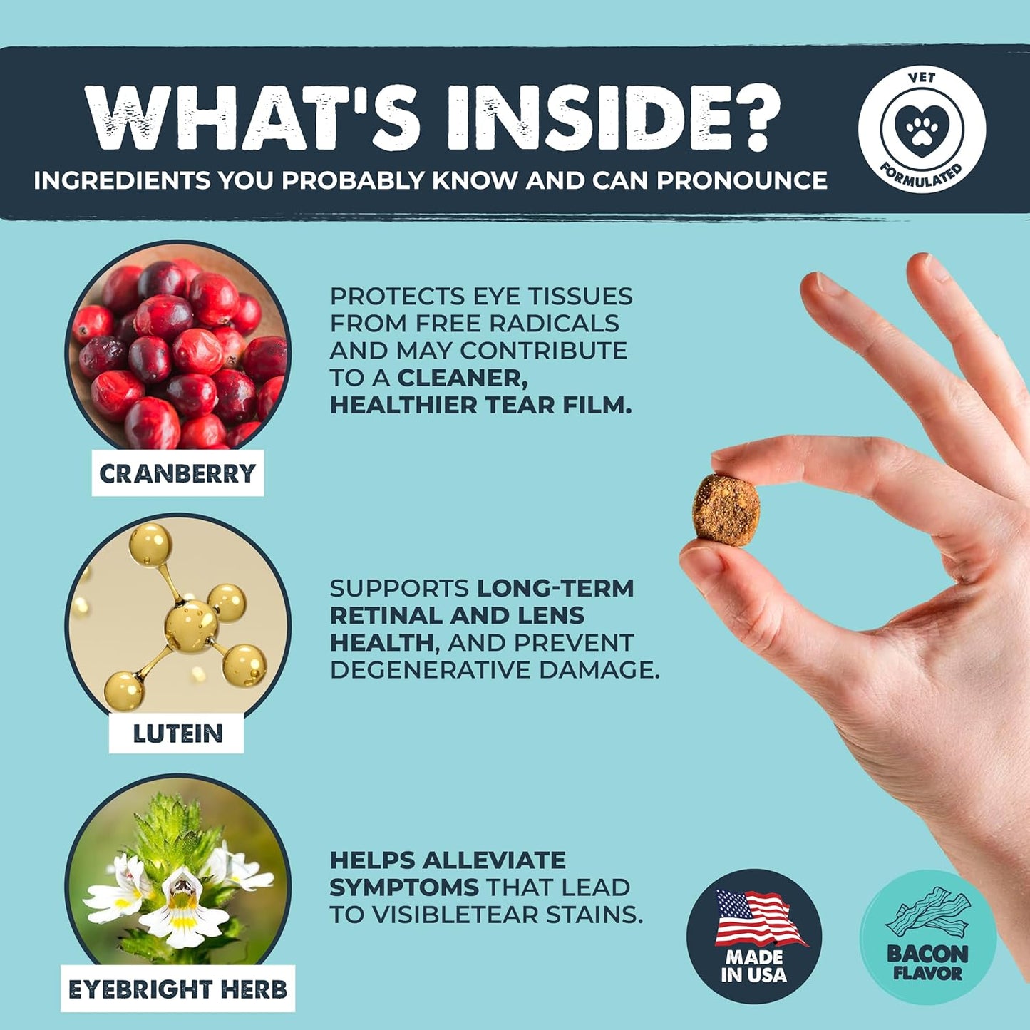 Mighty Paw Waggables Eyes (Made in USA) | Tear Stain Chews for Dogs. Vision and Tear Stain Support Supplements for Dogs. Lutein Supplement. Lubricates Eyes, Immune Support (120 Ct)