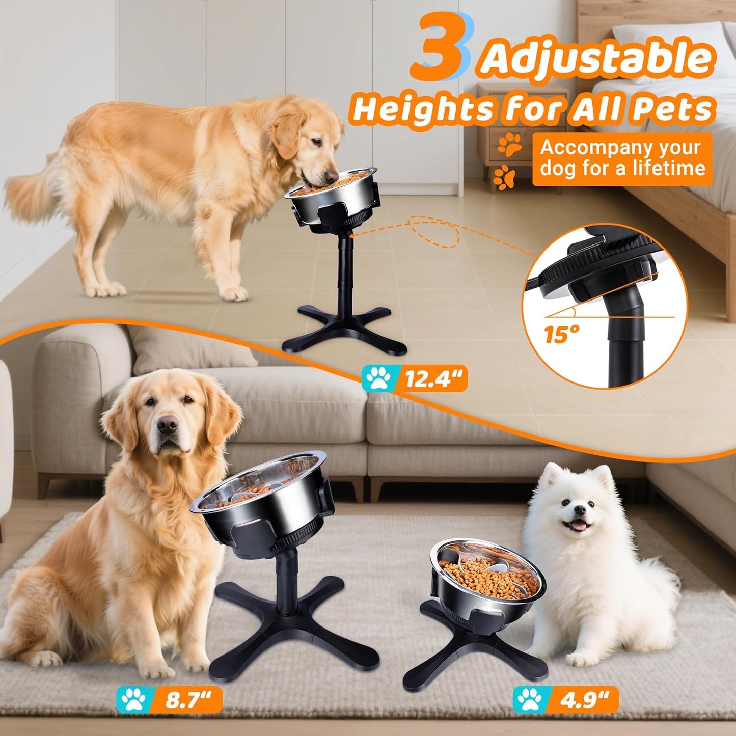 Elevated Dog Bowls Slow Feeder, 3 Adjustable Stand Heights and Width, Non-Slip Foot Mats, Tilting Raised Dog Bowls for Small, Medium and Large Dogs Breed (1 Pack), Black