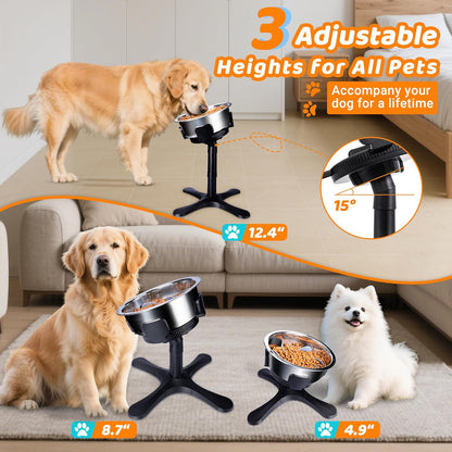 Elevated Dog Bowls Slow Feeder, 3 Adjustable Stand Heights and Width, Non-Slip Foot Mats, Tilting Raised Dog Bowls for Small, Medium and Large Dogs Breed (1 Pack), Black