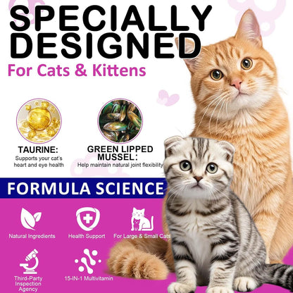 15 in 1 Multivitamin for Cats & Kittens - Chicken Flavor Crunchy & Soft Chews with Prebiotics, Taurine, Omega Fatty Acids - Supports Immune, Digestive, Skin & Coat, Heart & Brain Health - 3.7 oz