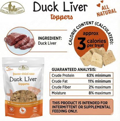 Fieldcrest Farms Duck Liver Toppers – Freeze-Dried Raw Single Ingredient Dog Food Topper, High Protein, All-Natural & Grain-Free, 12 oz.