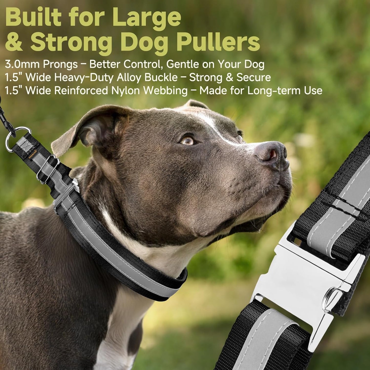 Mayerzon Martingale No Pull Collar for Large Medium Dogs, Patented Dog Walking Training Collar for Pulling, 1.5'' Wide Alloy Buckle, Neoprene Padded, Adjustable, Reflective, Easy to Use(L, Black)