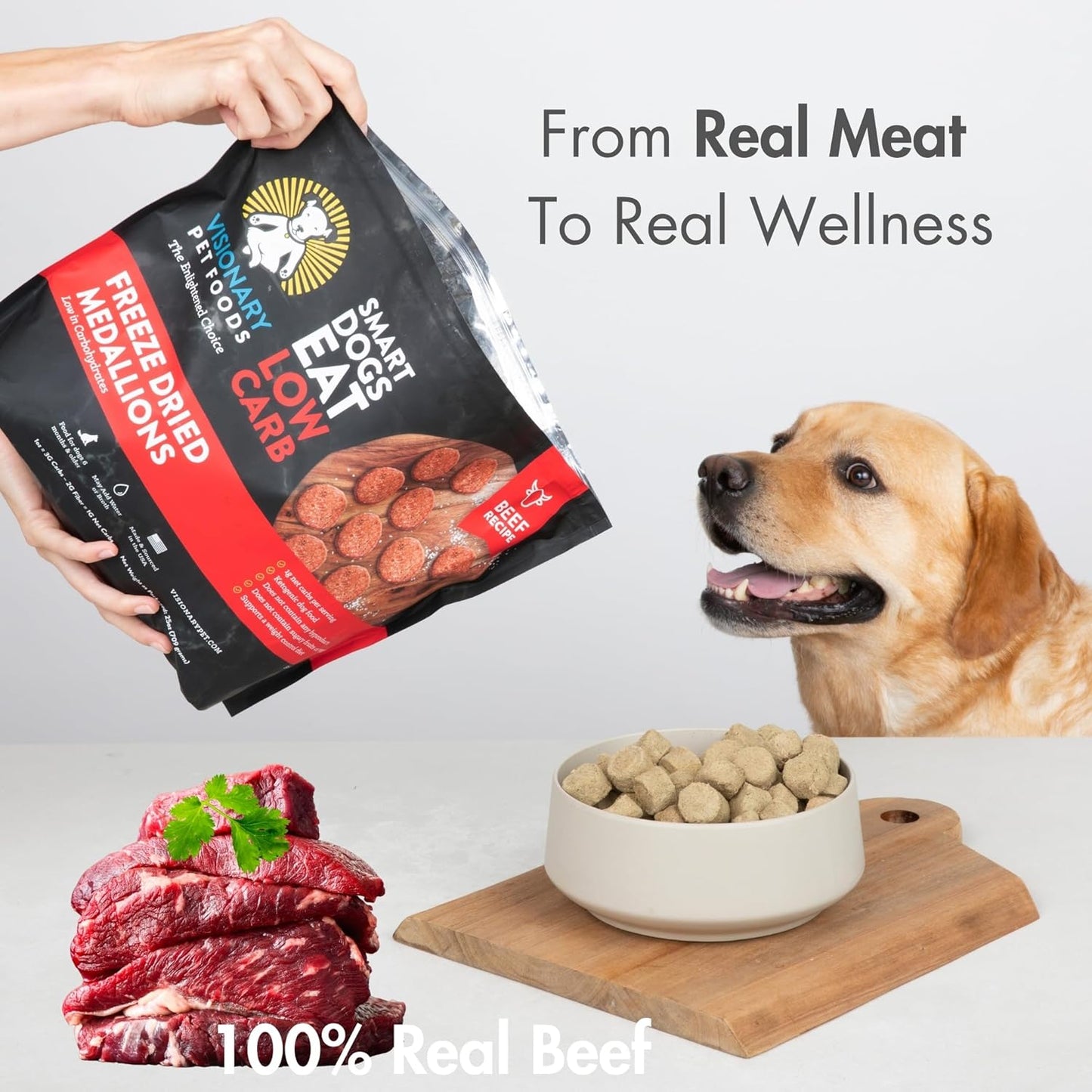 Visionary Pet Foods Low Carb Keto Natural Dry Dog Food Bundle Less Than 1g Net Carbs Freeze Dried Raw Real Beef and Chicken, Diabetic Friendly Made and Sourced in USA 25oz