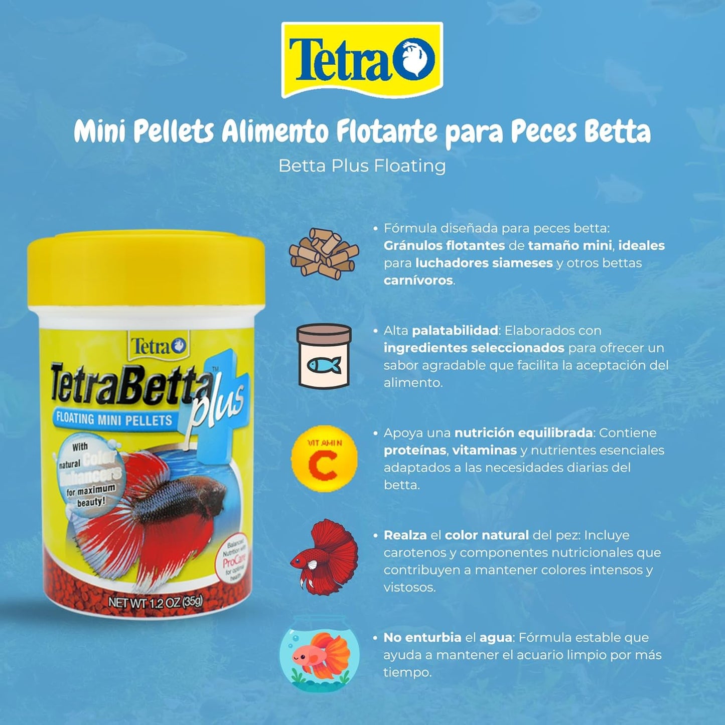TetraBetta PLUS Floating Mini Pellets, Fish Food With Natural Color Enhancer, 1.2 ounces