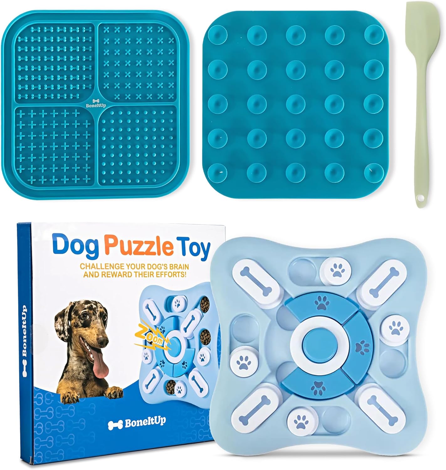 BoneItUp Dog Enrichment Toys Combo – Interactive Dog Puzzle Toys & Lick Mat for Dogs for Mental Stimulation, Slow Feeding & Calming Play