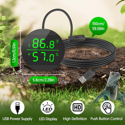 QZQ Reptile Thermometer and Humidity Gauge, LED Digital Thermometer Hydrometer, Reptile Tank Accessories for Bearded Dragon, Crested Gecko, Snake, Jumping Spider, Lizard, USB Power Supply (Black)