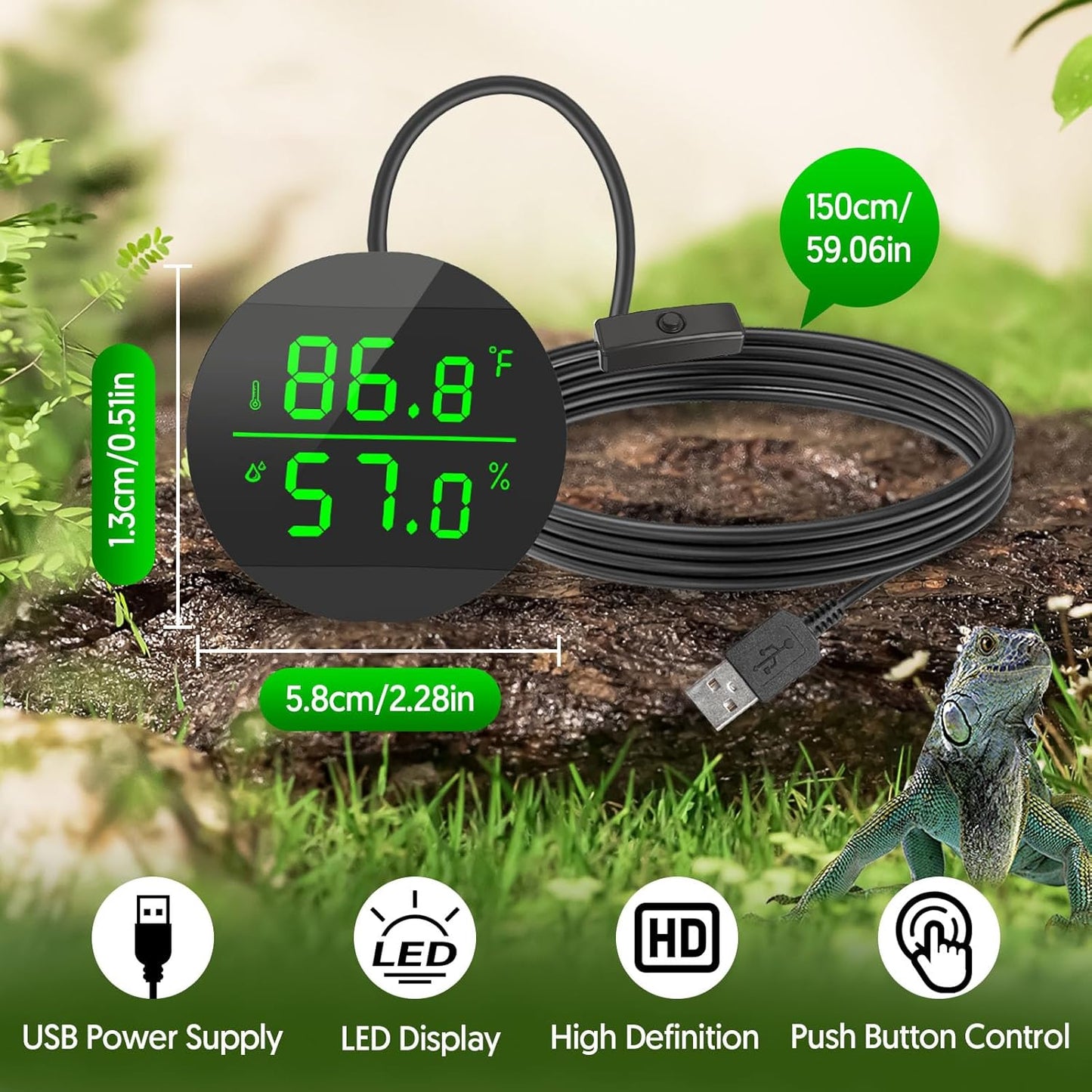 QZQ Reptile Thermometer and Humidity Gauge, LED Digital Thermometer Hydrometer, Reptile Tank Accessories for Bearded Dragon, Crested Gecko, Snake, Jumping Spider, Lizard, USB Power Supply (Black)