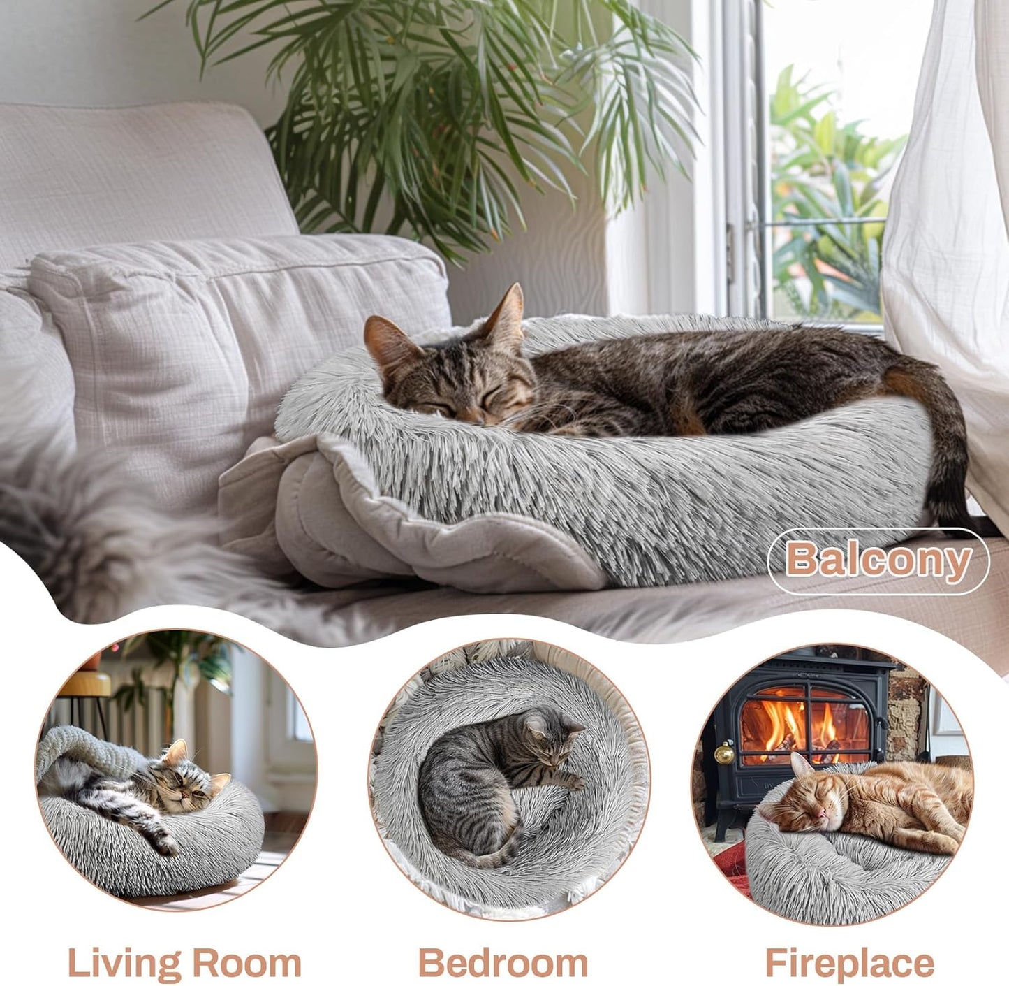 Cat Bed - Calming Cat Bed for Small Kittens Donut Washable Round for Indoor Kittens and Puppies, Anti-Slip Round Fluffy Plush Faux Fur, Small, Light Grey