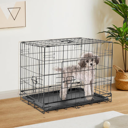 Sweetcrispy Large Dog Crate with Divider Panel, 36 Inch Double Door Folding Metal Wire Dog Cage with Plastic Leak-Proof Pan Tray, Pet Kennel for Indoor, Outdoor, Travel, 36S