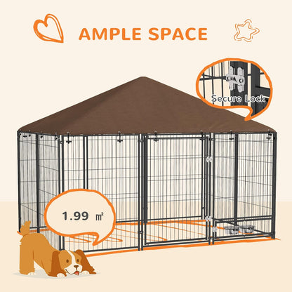 PawHut Outside Dog Kennel, 6.9' x 4.6' x 5' Puppy Play Pen with Canopy, Garden Playpen Fence Crate Enclosure Cage Rotating Bowl, for Dogs, Chickens, Ducks, Black