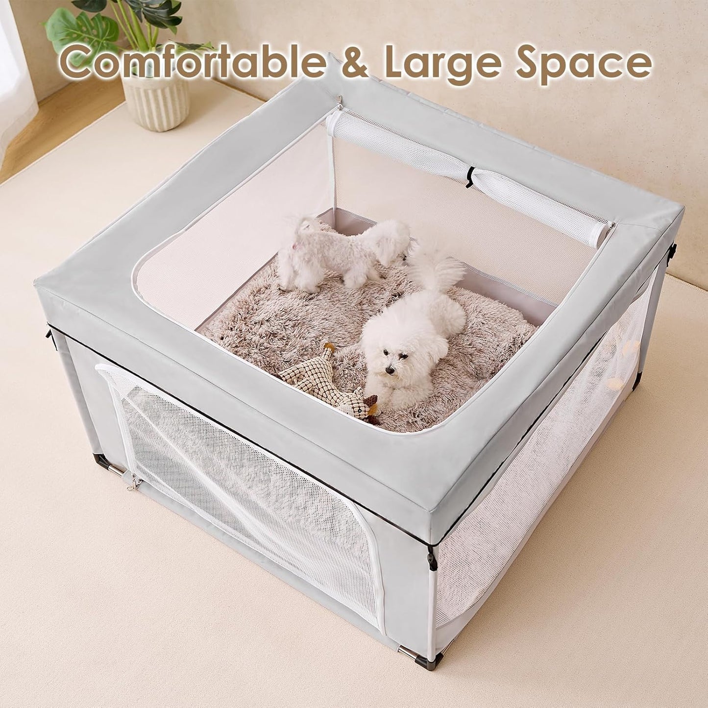 EHEYCIGA 42x42x26 Inches Puppy Playpen with Top Cover for Dogs & Cats Indoor or Outdoor - Dog Playpen with Door, Dog Fence for Small Animal with Heavy-Duty Oxford & Steel Frame, Sliver Grey