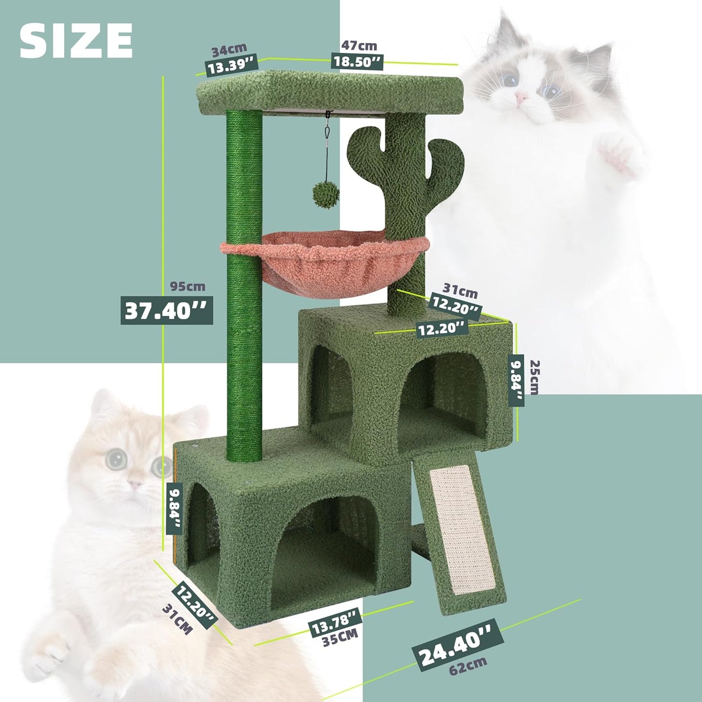 37.4" Cactus Cat Tree Tower with Twin Cat Condos for Indoor Cats, All-in-One Activity Center with Cat Scratching Post Cozy Sleeping Perch Hammock and Toy Balls,Green …