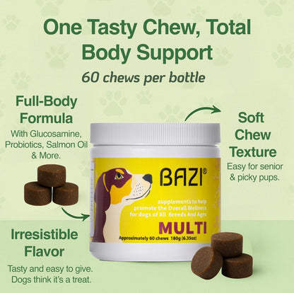BAZI Multi Dog Chews – Comprehensive Health Supplement with Glucosamine, Probiotics, Salmon Oil, Ashwagandha & Mushrooms – Daily Well-Being, Skin & Coat, Digestion, and Vitality Support for All Dogs