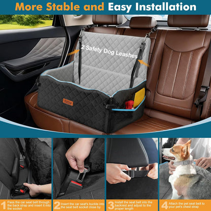 Large Dog Car Seat, Dog Car Bed for Large Dogs Under 60 lbs or 2 Small Breeds, Comfortable Pet Booster Seat with Memory Foam Thick Cushion, Detachable & Washable Pet Bed for Backseat, Black+Grey