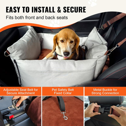 VEVOR Dog Car Seat, Waterproof Dog Booster Seat for Car with Side Handles and a Storage Pocket, Clip-On Safety Leash and PP Cotton Filling, Vehicle Bed for Small Dogs up to 25lbs, Gray