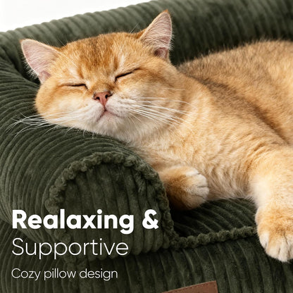 FUKUMARU Dog Couch Bed, Corduroy Cozy Cat Bed for Indoor Cats with Washable Cover, 28in Waterproof Orthopedic Dog Beds Sofa for Small Dogs and Large Cats, Cute Warm Cotton Pet Sofa, Green