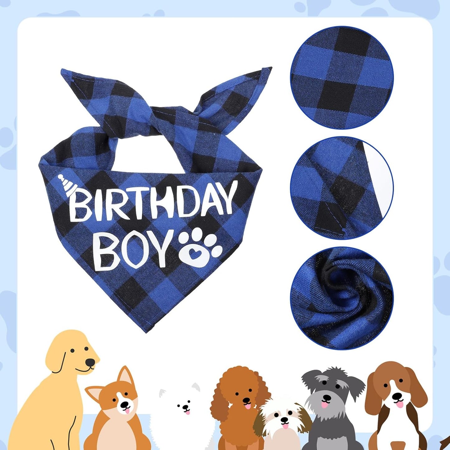 Dog Birthday Bandana, Blue Boy Dog Birthday Boy Bandana Blue Plaid Boys Pet Bandanas Dogs Birthdays Party Supplies for Small Medium Large Dogs Pets (Large)
