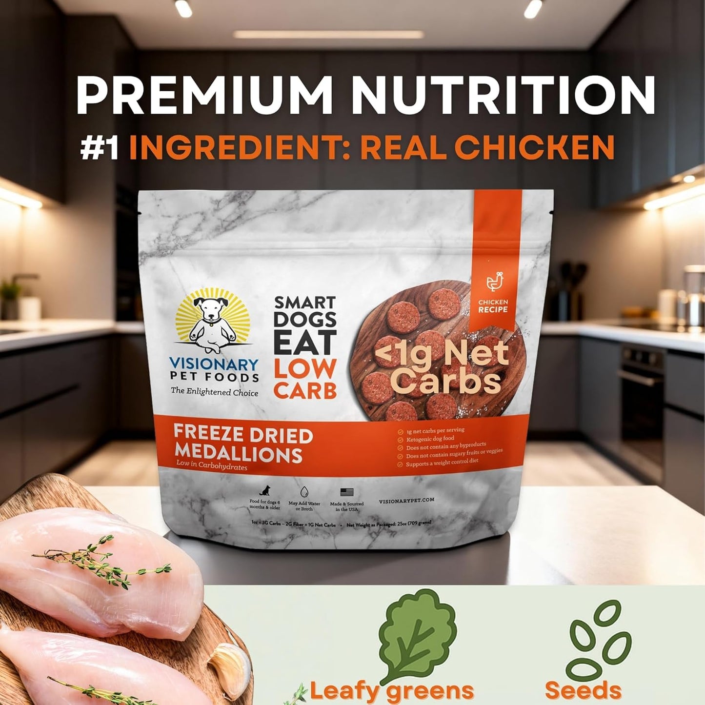 Visionary Pet Foods Low Carb Keto Dog Food <1g Net Carbs Freeze Dried Chicken Diabetic Friendly Made in USA 155 Medallions
