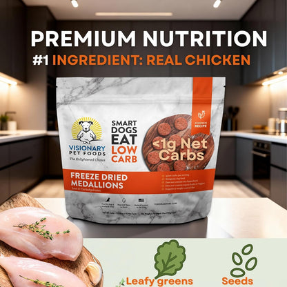 Visionary Pet Foods Low Carb Keto Dog Food <1g Net Carbs Freeze Dried Chicken Diabetic Friendly Made in USA 155 Medallions