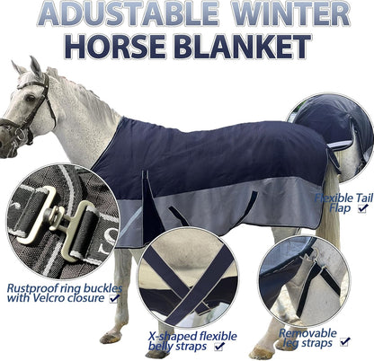 300g Fill 1200D Mid-Heavy Weight Winter Waterproof and Breathable Horse Blanket Belly Straps| Turnout Blankets with Reflective Strips (Black/Gray, 66'')